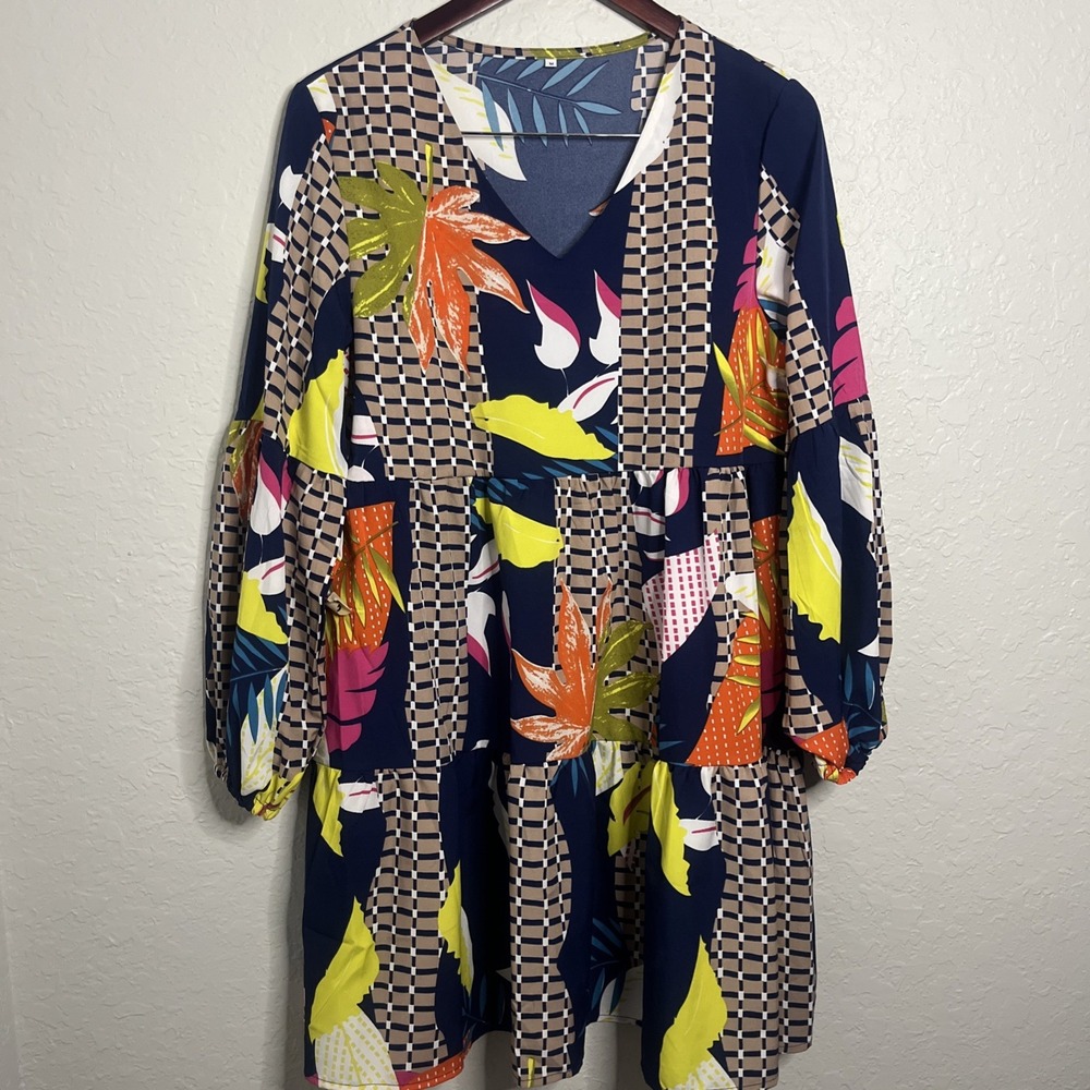 Ladies Multicolored Dress Gathered Layering Long Sleeve Pull On, Medium
